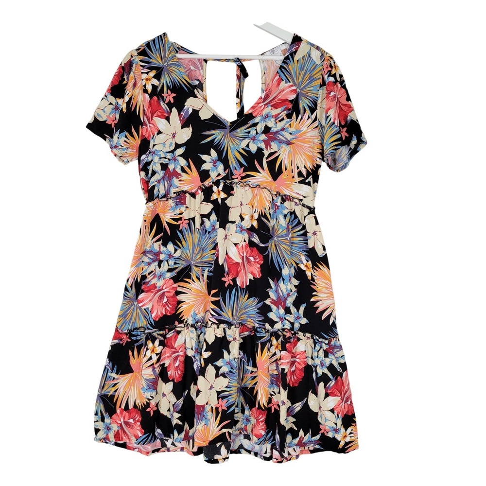 Lascana Venus Dress Womens Medium Black Tropical Floral‎ Tiered Cutout Mini